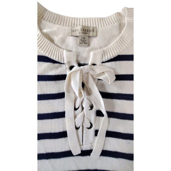 Appleseed's Petites Womens Nautical Sweater Lace up front Knit Striped Size PM - Picture 3 of 9
